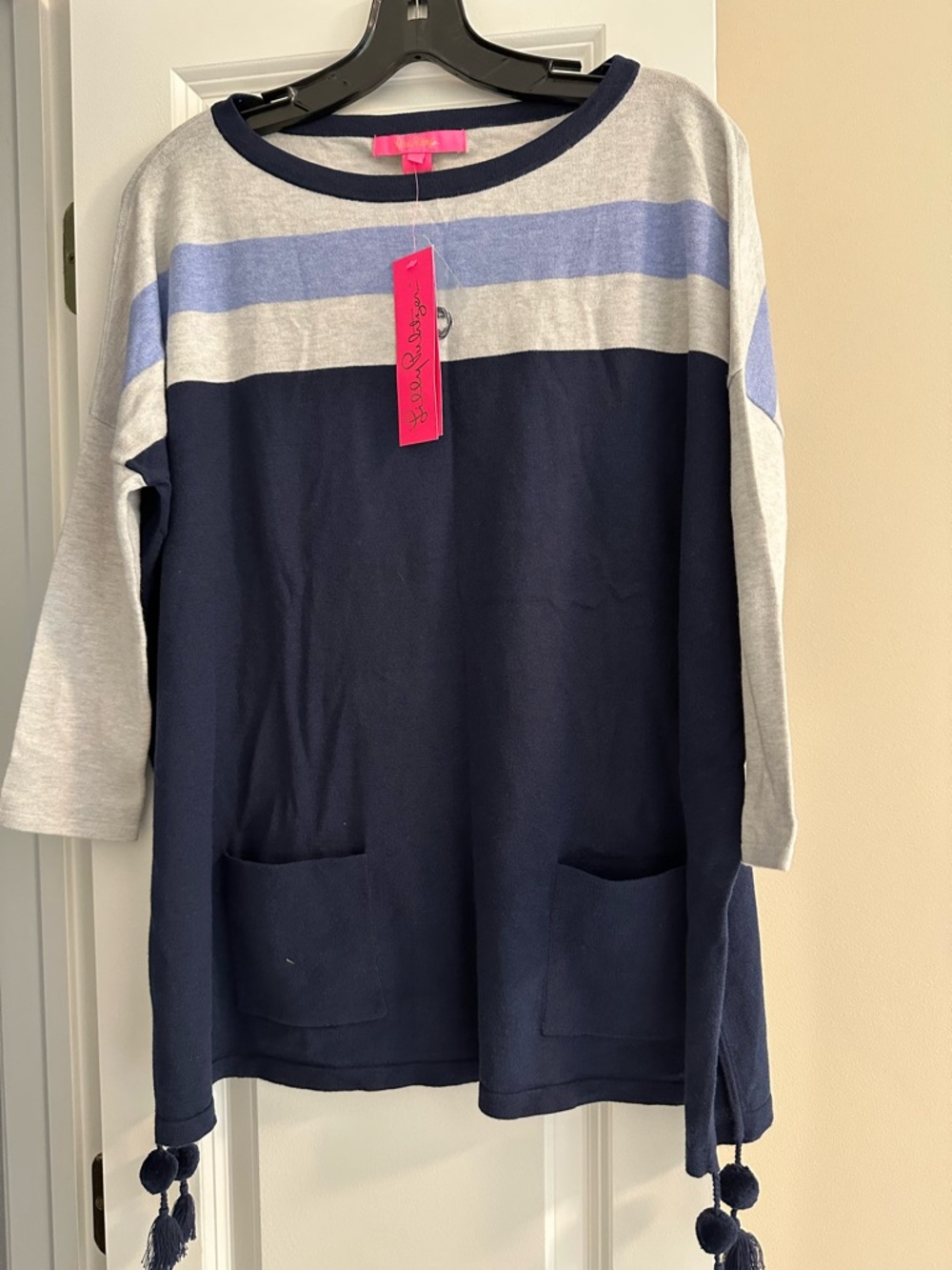 Lilly Pulitzer Navy, Light Gray & Soft Blue Striped Tunic Sweater